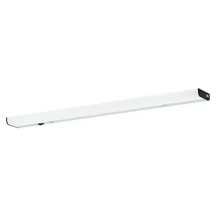 Osram Linear LED-Unterbauleuchte LED Flat - 6 W, Länge: 370 mm, Warmweiß - Nahaufnahme einer weißen LED-Unterbauleuchte mit schwarzer Endkappe, ideal für die Beleuchtung von Arbeitsbereichen.