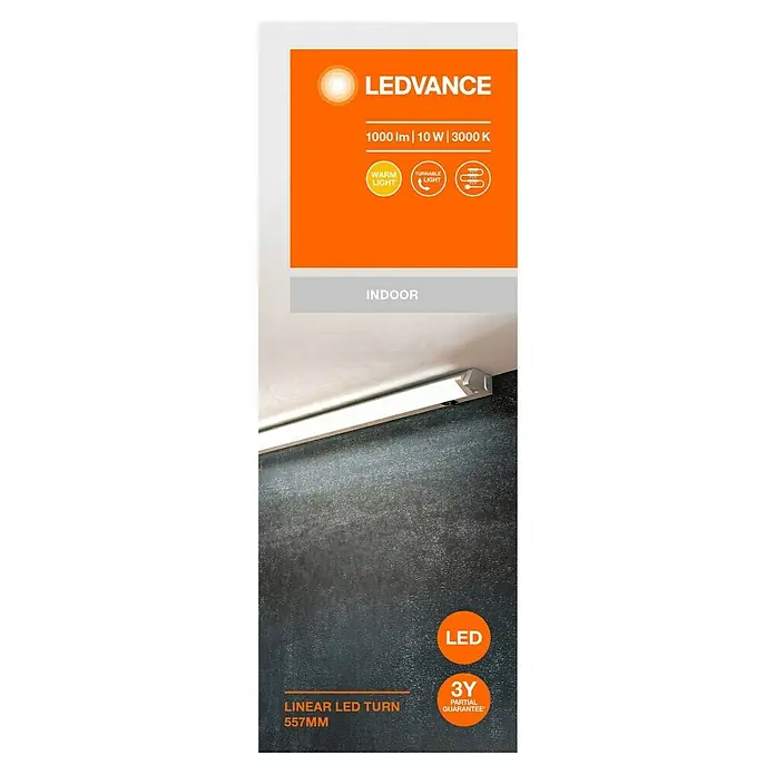 Ledvance Lámpara LED bajo mueble Turn - 10 W, Blanco cálido, Largo: 55,7 cm - Imagen del producto de una luz interior LEDVANCE Linear LED Turn de 557 mm con 1000 lúmenes, 10 vatios y una temperatura de color de 3000 Kelvin.