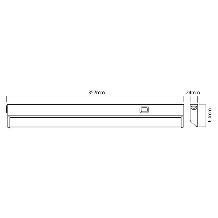 Osram Linear LED-Unterbauleuchte Turn - Länge: 35,7 cm, Warmweiß - Produktabbildung mit Maßangaben: Länge 357mm, Tiefe 24mm, Höhe 60mm. Detailierte technische Zeichnung des Produkts.