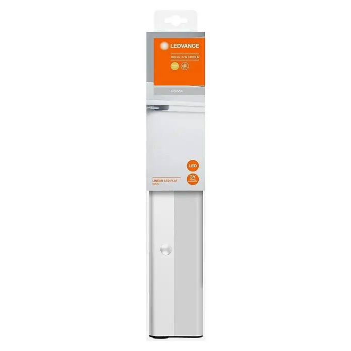 Osram Linear LED-Unterbauleuchte LED Flat - 6 W, Länge: 370 mm, Warmweiß - Produktverpackung für LEDVANCE Linear LED Flat ECO. Enthält Informationen zu 300 lm, 5 W, 3000 K und 3 Jahren Garantie.