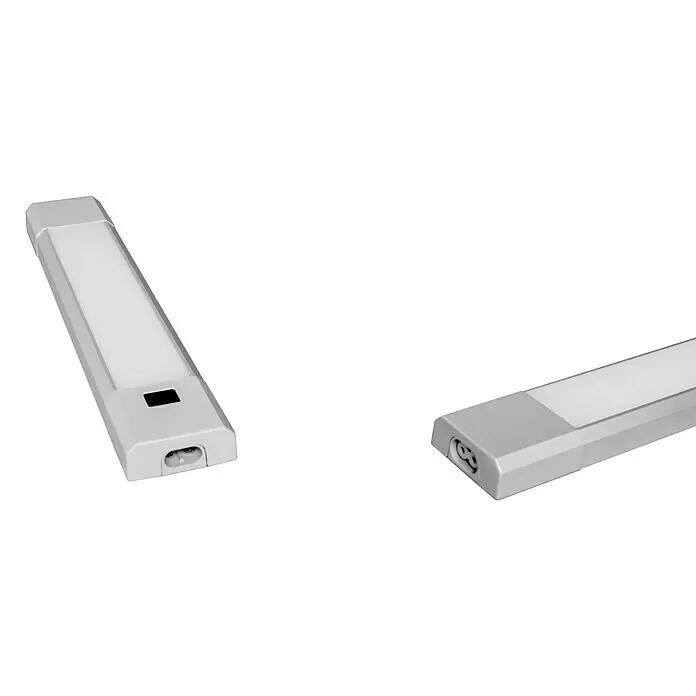 Ledvance LED-Unterbauleuchte Linear Slim Dim Sensor - Lichtfarbe: Warmweiß, 30 cm - Zwei graue LED-Lichtleisten, eine mit Sensor und Stromeingang, die andere mit Stromausgang zur Verbindung.
