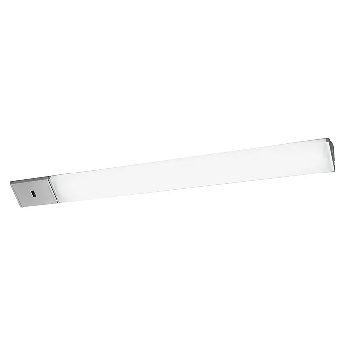 Ledvance Lámpara fluorescente LED Cabinet Corner - L x An x Al: 55 x 4,07 x 2,3 cm, Color de luz: Blanco cálido, 2 ud. - Esta imagen muestra una moderna barra de luz LED con un difusor blanco brillante y una elegante carcasa de color plateado sobre un fondo negro.