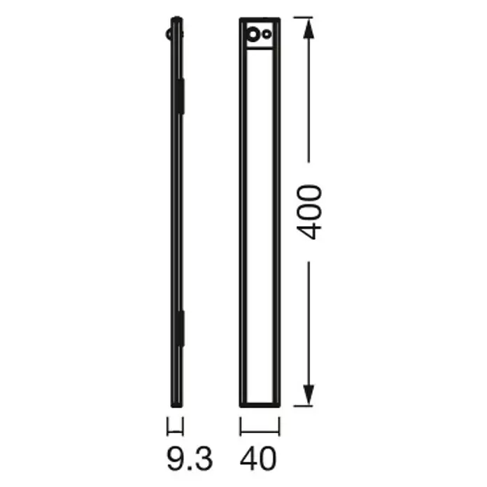 Osram Linear LED-Unterbauleuchte Flat USB & Sensor - L x B x H: 40 x 4 x 0,93 cm, Lichtfarbe: Warmweiß - Technische Zeichnung einer schlanken, schwarzen rechteckigen Leuchte mit den Maßen 400x40x9,3 mm.
