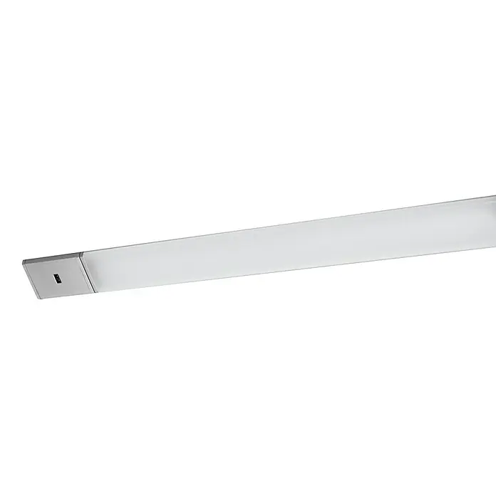 Ledvance Lámpara LED bajo mueble - 7,5 W, Largo: 55 cm, Blanco cálido - Primer plano de una luminaria LED moderna y alargada con carcasa plateada y luz difusa, ideal para interiores minimalistas.