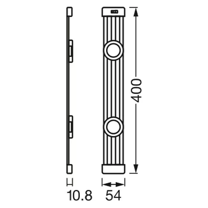Osram LED-Unterbauleuchte Linear Magnet - L x B x H: 44,5 x 7,1 x 5,9 cm, Lichtfarbe: Kaltweiß, 220 V - 240 V - Technische Zeichnung eines gerippten, rechteckigen Griffs mit zwei runden Details und Maßen 400x54x10.8 mm.
