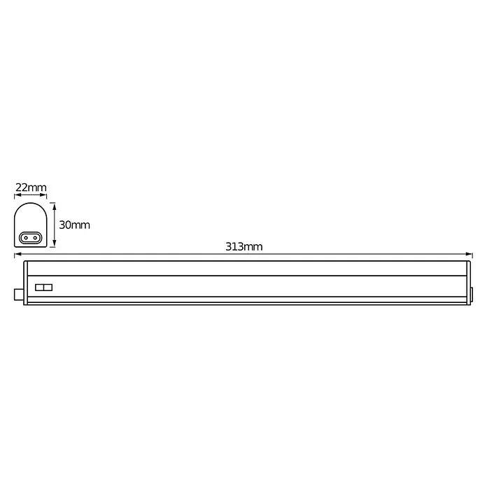 Osram LED-Lichtleiste Switch Batten - L x B x H: 31,3 x 2,2 x 3 cm, Lichtfarbe: Warmweiß, 4 W - Detaillierte Zeichnung einer LED-Leuchte mit den Maßen 22 mm, 30 mm und einer Gesamtlänge von 313 mm.