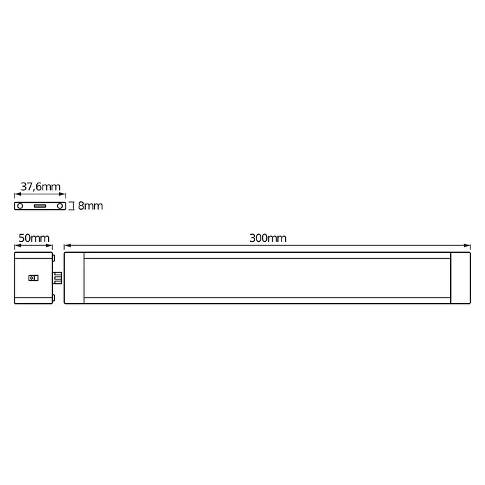 Ledvance LED-Lichtleiste Cabinet Slim - 6 W, Weiß, Länge: 30 cm, 1 Stk. - Abbildung der Abmessungen einer LED-Leuchte, die eine Länge von 300 mm, eine Breite von 37,6 mm und eine Höhe von 8 mm aufweist.