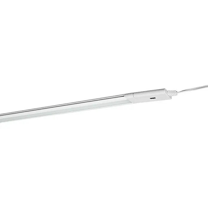 Ledvance LED-Lichtleiste Cabinet Slim - 10 W, Weiß, Länge: 50 cm, 1 Stk. - Nahaufnahme einer weißen LED-Leuchte mit Kabel. Die schlanke Leuchte ist ideal für die Montage unter Schränken und bietet helles, effizientes Licht.