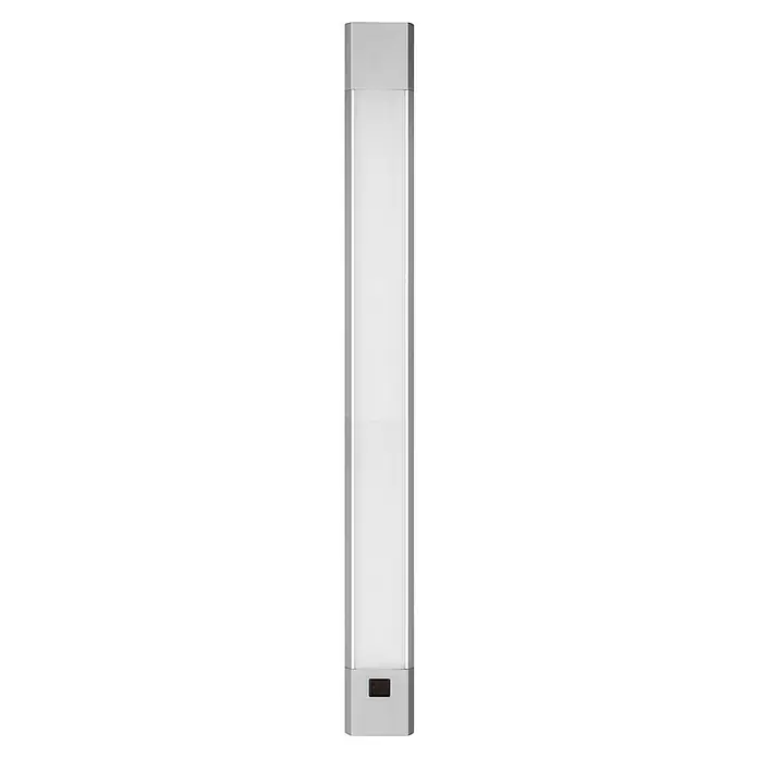 Ledvance LED-Unterbauleuchte Linear Slim Dim Sensor - Lichtfarbe: Warmweiß, 50 cm - Ein hochformatiges, silberfarbenes LED-Panel mit einem kleinen, dunklen Rechteck am unteren Ende. Ideal für moderne Beleuchtungskonzepte.