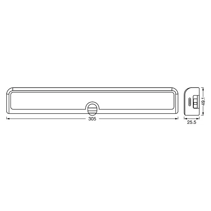 Osram LED-Unterbauleuchte Linear Flip - L x B x H: 30,5 x 4,9 x 2,6 cm, Lichtfarbe: Warmweiß - Technische Zeichnung einer rechteckigen Leiste mit abgerundeten Ecken und zentralem Kreiselement, Maße: 305x49.1x25.5mm.