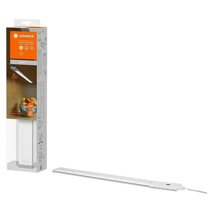 Ledvance LED-Lichtleiste Cabinet Slim - 6 W, Weiß, Länge: 30 cm, 1 Stk. - Abbildung einer LEDVANCE LED-Unterbauleuchte mit Sensor, 250 lm, 6 W und 3000 K, zusammen mit der Produktverpackung.