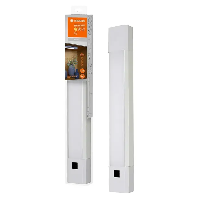 Ledvance LED-Unterbauleuchte Linear Slim Dim Sensor - Lichtfarbe: Warmweiß, 50 cm - Das Bild zeigt eine LEDVANCE Linear LED Slim Leuchte mit Sensor, verpackt und einzeln, in weiß, ideal für Innenräume.