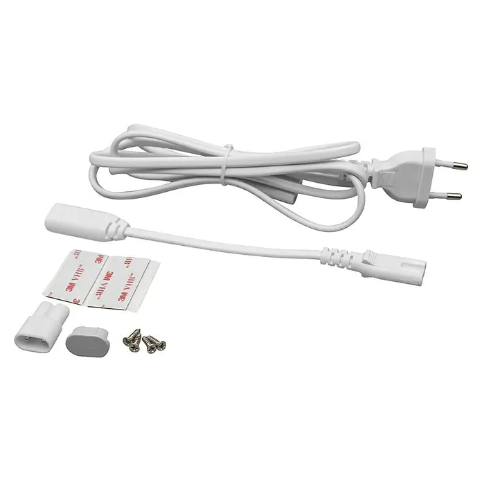 Ledvance LED-Unterbauleuchte Linear Slim Dim Sensor - Lichtfarbe: Warmweiß, 30 cm - Das Bild zeigt ein weißes Netzkabel mit Eurostecker, ein Verbindungskabel und Montagezubehör für LED-Leuchten auf schwarzem Hintergrund.