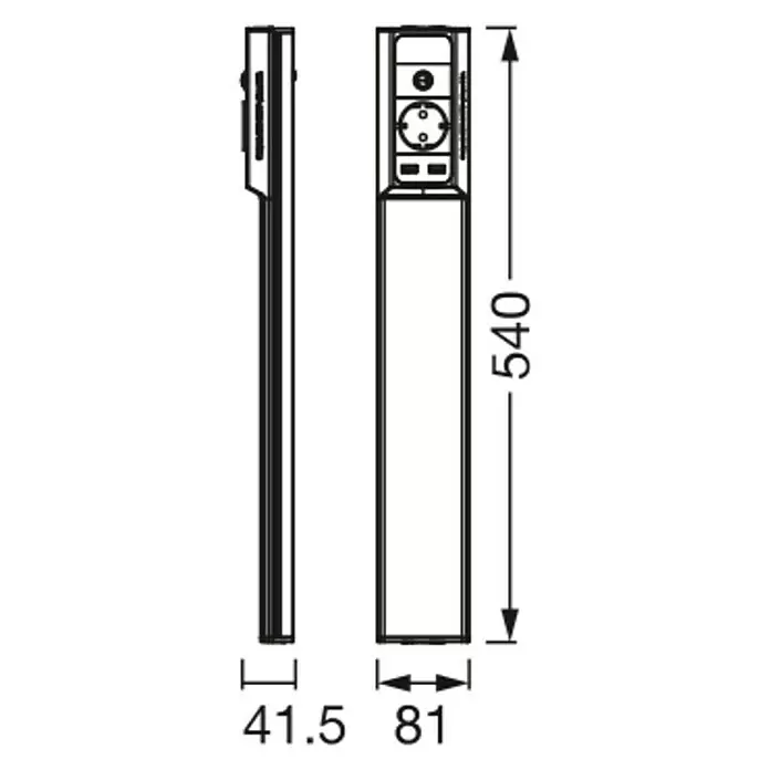 Osram Linear LED-Unterbauleuchte Flat Socket mit Steckdose - L x B x H: 54 x 8,1 x 4,15 cm, Lichtfarbe: Kaltweiß, 220 V - 240 V - Elektrosäule mit Steckdose und Schalter, Maße 540x81x41,5mm.