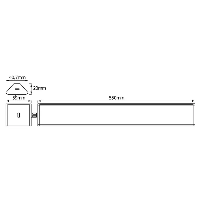 Ledvance Lámpara LED bajo mueble - 7,5 W, Largo: 55 cm, Blanco cálido - Imagen del producto que muestra las dimensiones 40,7 mm, 23 mm, 59 mm y 550 mm.