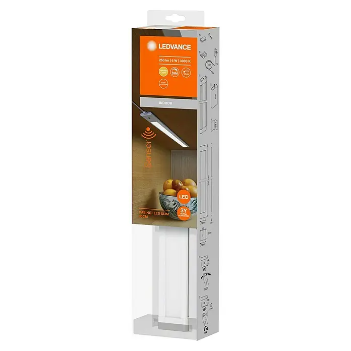 Ledvance Lámpara fluorescente LED slim - 6 W, Blanco, Largo: 30 cm, 1 ud. - Embalaje de un LEDVANCE Cabinet LED Slim, 30cm, con sensor y luz blanca cálida (250lm, 6W, 3000K).
