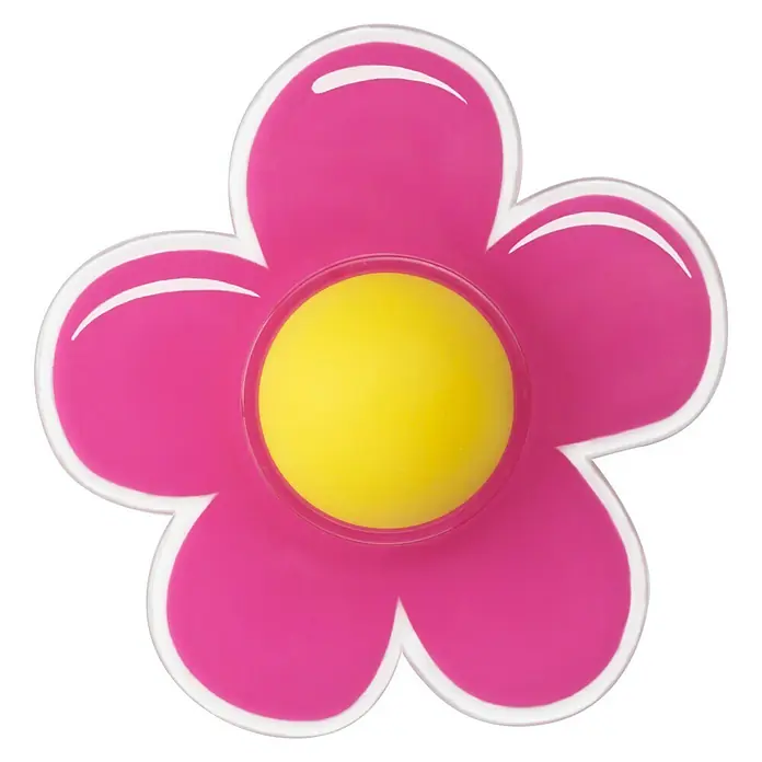 Inofix Tope de puerta infantil Flor - Plástico, Rosa - Primer plano de una lámpara de flor rosa brillante con un centro de botón amarillo y un borde transparente.