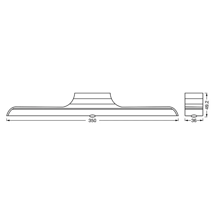 Osram LED Leuchtstoffröhre Mobsen - Länge: 35 cm, 300 lm - Technische Zeichnung einer linearen Leuchte mit den Maßen Länge 350, Breite 36 und Höhe 46,2 mm.