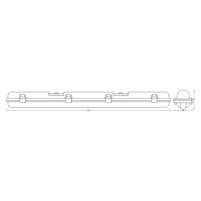 Osram LED-Feuchtraumlichtleiste Submarine - L x B x H: 126,1 x 6,6 x 7,5 cm, Lichtfarbe: Kaltweiß, 16 W, IP65 - Schemazeichnung der LED-Feuchtraumleuchte mit Maßangaben. Die Leuchte ist 1261 mm lang und 75 mm hoch. Sie ist ideal für Feuchträume.