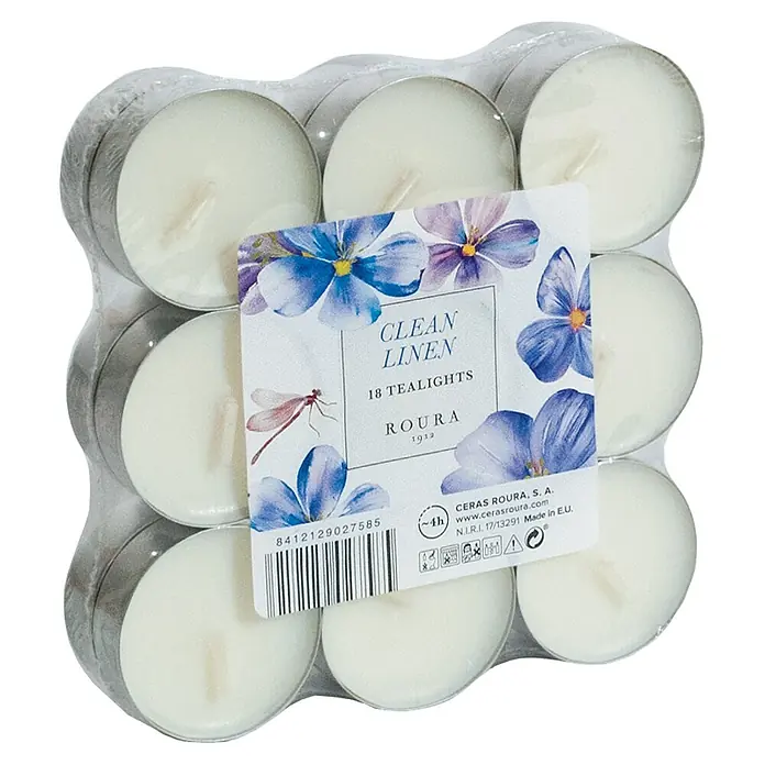 Ceras Roura Velas de té perfumadas - Ø x Al: 38 x 15 mm, Blanco, Tiempo de combustión aprox.: 4 h, Clean Linnen - Un paquete de velas de té "Clean Linen" de Roura, con una etiqueta floral, que prometen un ambiente limpio y fresco.