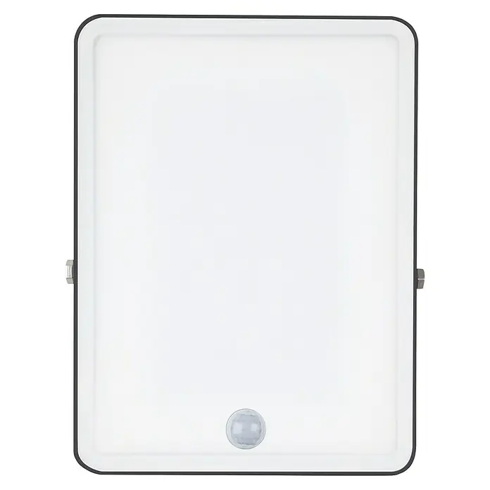 Ledvance Essential LED-Strahler Sensor - 50 W, 4.750 lm, IP65, L x B x H: 238 x 161 x 34 mm - Bild einer weißen LED-Wandleuchte mit Bewegungssensor und schwarzem Rahmen für den Außenbereich.