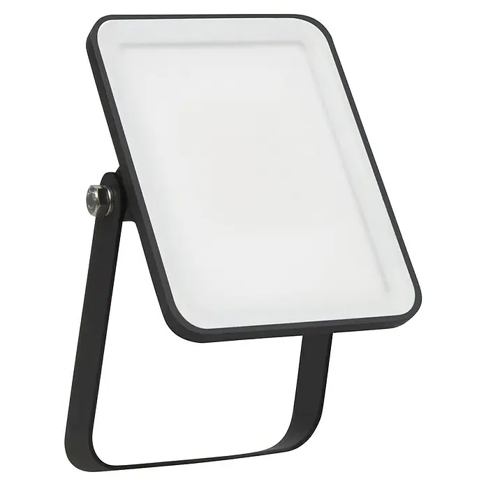 Ledvance Essential LED-Strahler - 10 W, 950 lm, 4.000 K, L x B x H: 132 x 83 x 28 mm, IP65 - Schwarzer LED-Fluter mit weißer Leuchtfläche und verstellbarem U-förmigen Standfuß.