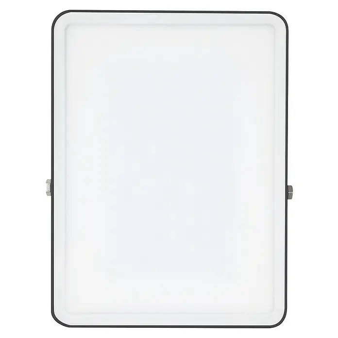 Ledvance LED Baustrahler Essential - 50 W, 4.750 lm, 4.000 K, 238 x 161 x 30 mm, IP65 - Weißer rechteckiger LED-Fluter mit abgerundeten Ecken und dunkelgrauem Rahmen.