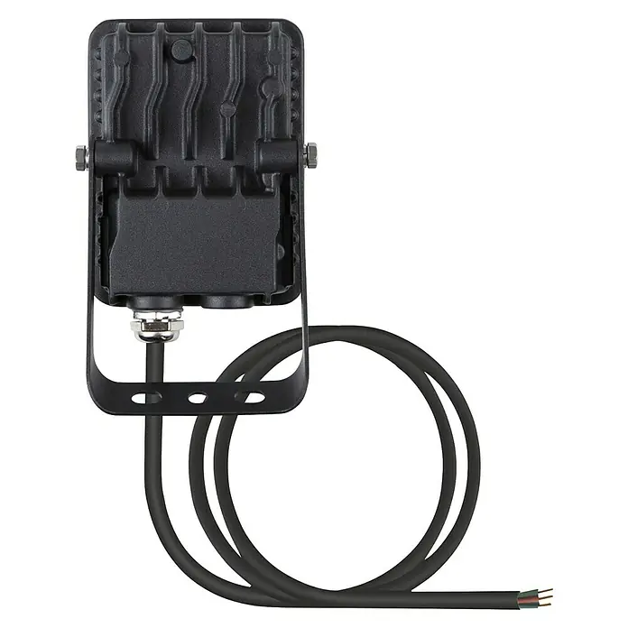 Osram LED-Strahler Floodlight Essential Sensor - 10 W, L x B x H: 13,2 x 8,3 x 3,3 cm, Schwarz, Tageslichtweiß, Mit Sensor - Das Bild zeigt eine moderne schwarze LED-Leuchte mit Kabel und Befestigung, ideal für Außenbereiche.