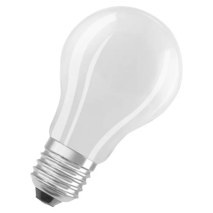 Osram Superstar Bombilla LED - E27, Intensidad regulable, Blanco cálido, 1.055 lm, 9 W, Mate - Primer plano de una bombilla LED blanca con base plateada sobre fondo negro.