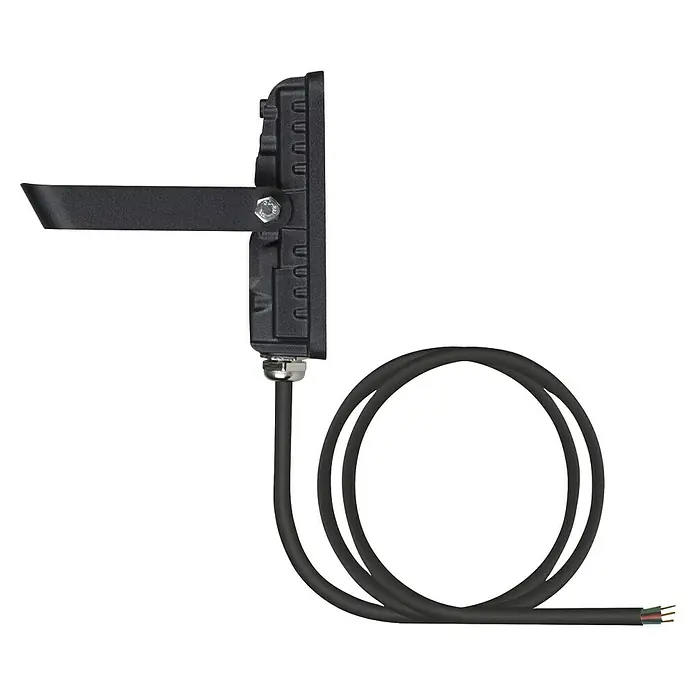 Ledvance Essential LED-Strahler - 10 W, 950 lm, 4.000 K, L x B x H: 132 x 83 x 28 mm, IP65 - Schwarzer LED-Flutlichtstrahler mit Montagebügel und aufgerolltem Anschlusskabel, Enden abisoliert.