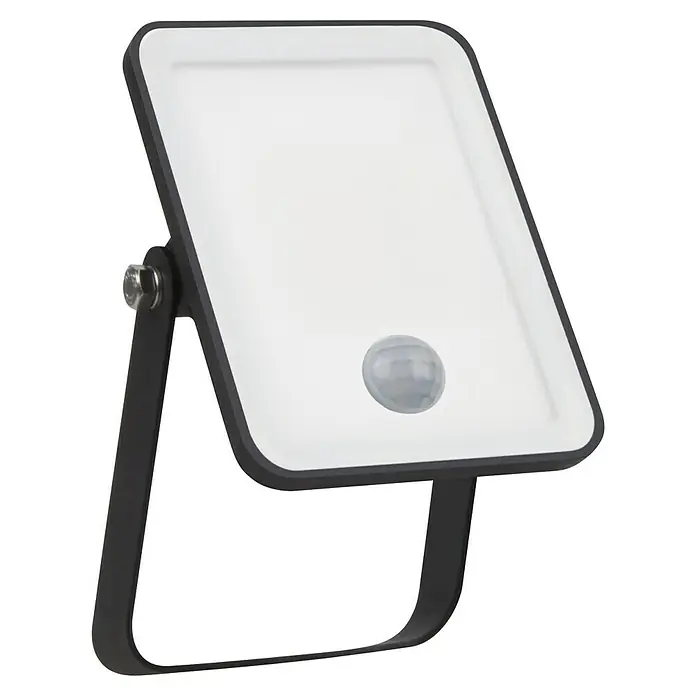 Osram LED-Strahler Floodlight Essential Sensor - 10 W, L x B x H: 13,2 x 8,3 x 3,3 cm, Schwarz, Tageslichtweiß, Mit Sensor - Hier ist eine LED-Leuchte mit Bewegungssensor. Die Lampe hat ein schlankes, modernes Design mit einem schwarzen Rahmen und einer hellen LED.