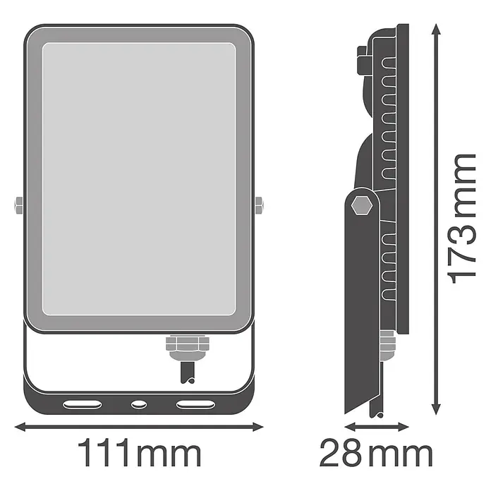 Ledvance Essential LED-Strahler - 20 W, 1.900 lm, 4.000 K, L x B x H: 173 x 111 x 28 mm, IP65 - Grauer LED-Fluter mit Vorder- und Seitenansicht, Maße: 111 mm (Breite), 173 mm (Höhe), 28 mm (Tiefe).