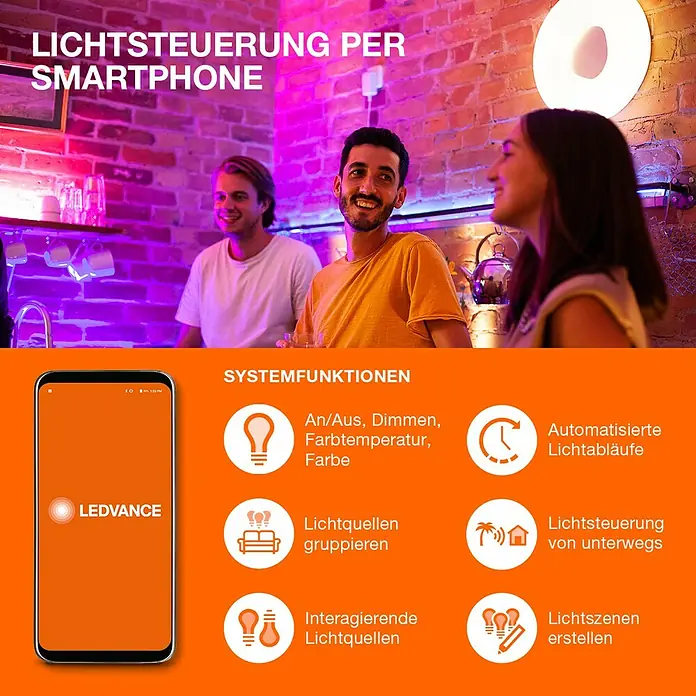Ledvance Smart+ WiFi Smart-LED-Lampe - E27, Dimmbar, Mehrfarbig, 1.055 lm, 9,5 W - Intelligente Lichtsteuerung per Smartphone mit LEDVANCE: An/Aus, Dimmen, Farbtemperatur, Lichtquellen gruppieren und automatisierte Lichtabläufe.