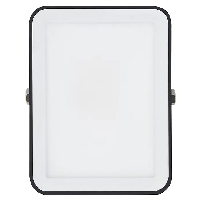 Ledvance Essential LED-Strahler - 10 W, 950 lm, 4.000 K, L x B x H: 132 x 83 x 28 mm, IP65 - Weißes LED-Panel mit dunklem Rahmen und seitlichen Montagebügeln.