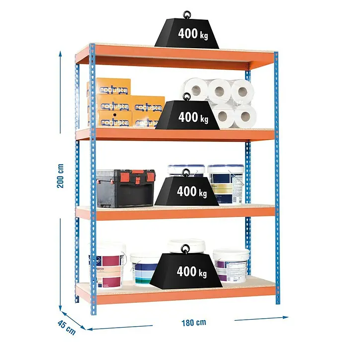 Simonrack Ecoforte Schwerlastregal Chipboard - H x B x T: 200 x 180 x 45 cm, Traglast pro Boden: 400 kg, Anzahl Böden: 4 Stk., Stecken, Blau/Orange - Ansicht eines robusten Lagerregals mit vier Ebenen, das mit Gewichten und diversen Gegenständen wie Farbeimern beladen ist.