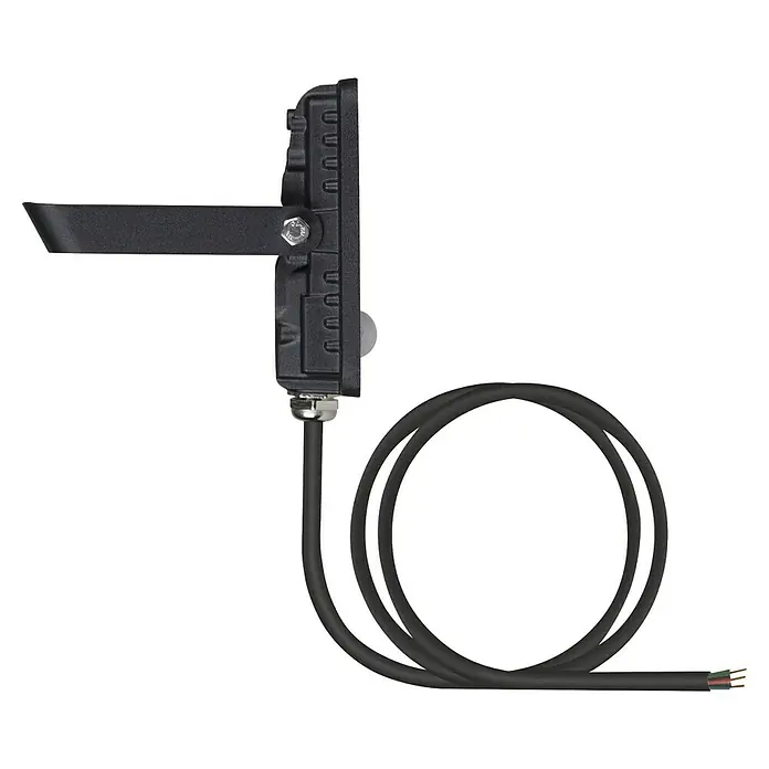 Osram LED-Strahler Floodlight Essential Sensor - 10 W, L x B x H: 13,2 x 8,3 x 3,3 cm, Schwarz, Tageslichtweiß, Mit Sensor - Ein schwarzer LED-Strahler mit Kabel und Montagehalterung. Die Konstruktion ist robust und für den Außenbereich geeignet.