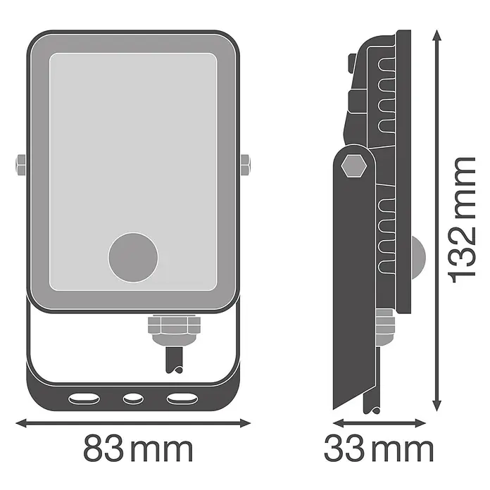 Osram LED-Strahler Floodlight Essential Sensor - 10 W, L x B x H: 13,2 x 8,3 x 3,3 cm, Schwarz, Tageslichtweiß, Mit Sensor - Abbildung eines LED-Strahlers mit den Maßen 83 mm Breite, 132 mm Höhe und 33 mm Tiefe.