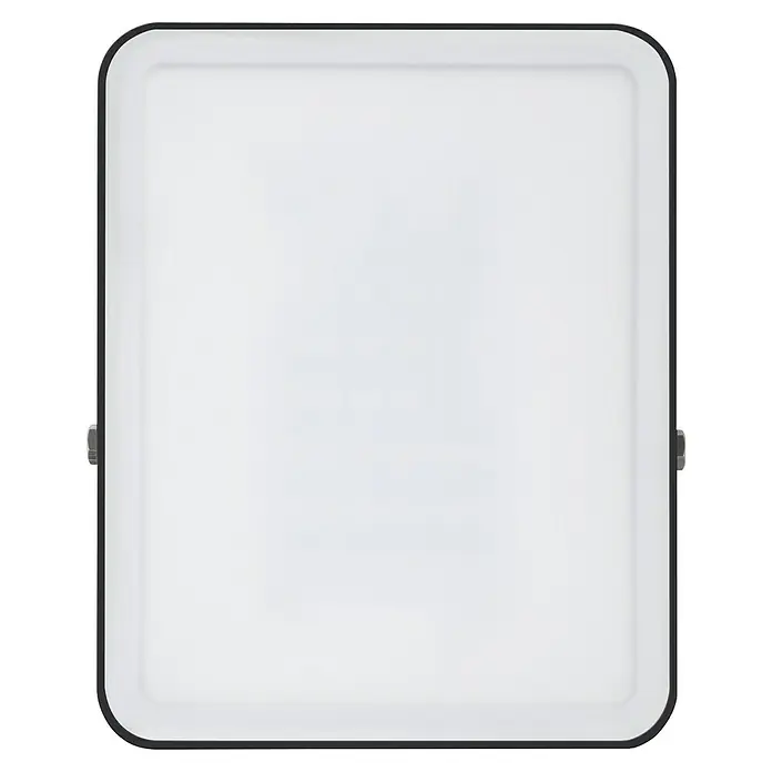 Ledvance Essential LED-Strahler - 30 W, 2.850 lm, 4.000 K, L x B x H: 186 x 128 x 28 mm, IP65 - Nahaufnahme einer quadratischen, weißen LED-Flächenleuchte mit schwarzem Rahmen.