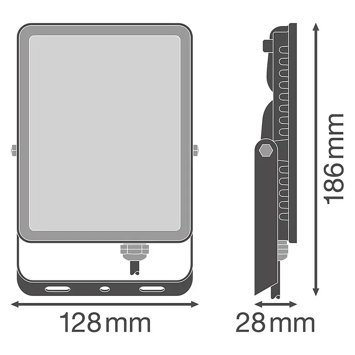 Ledvance Essential LED-Strahler - 30 W, 2.850 lm, 4.000 K, L x B x H: 186 x 128 x 28 mm, IP65 - Grauer Fluter mit Abmessungen: 186mm Höhe, 128mm Breite, 28mm Tiefe.