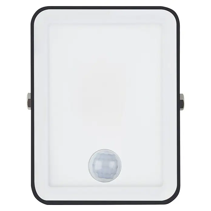 Ledvance Essential LED Baustrahler Sensor - 10 W, 950 lm, 4.000 K, 132 x 83 x 33 mm, IP65 - Weißer rechteckiger LED-Flutlichtstrahler mit schwarzem Rahmen und integriertem Bewegungssensor.