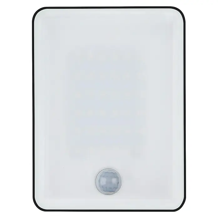 Ledvance Essential LED-Strahler Sensor - 1.900 lm, IP65, L x B x H: 173 x 111 x 33 mm - Das Bild zeigt eine quadratische LED-Leuchte mit Bewegungssensor in Weiß und Schwarz.