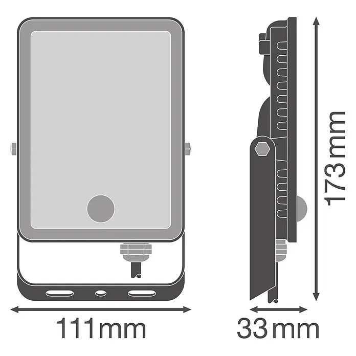 Osram LED-Strahler Floodlight Essential Sensor - 20 W, L x B x H: 17,3 x 11,1 x 3,3 cm, Schwarz, Tageslichtweiß, Mit Sensor - Grauer rechteckiger Fluter mit Maßen 111mm B x 173mm H x 33mm T.