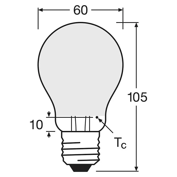 Osram LED-Lampen Set Base Classic - Matt, Nicht Dimmbar, Warmweiß, 806 lm, 7 W, 6 Stk. - Abbildung einer Glühbirne mit Maßangaben.