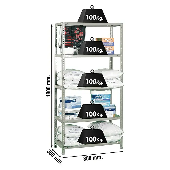Simonrack Simonclassic Estantería metálica Comfort Mini - Al x An x Pr: 180 x 80 x 30 cm, Capacidad de carga por balda: 100 kg, Número de baldas: 5 ud., Atornillado, Gris - Foto de producto de una estantería resistente con cinco estantes, cada uno con una capacidad de carga de 100 kg, llena de herramientas, botes de pintura y sacos de arena, se dan las dimensiones.