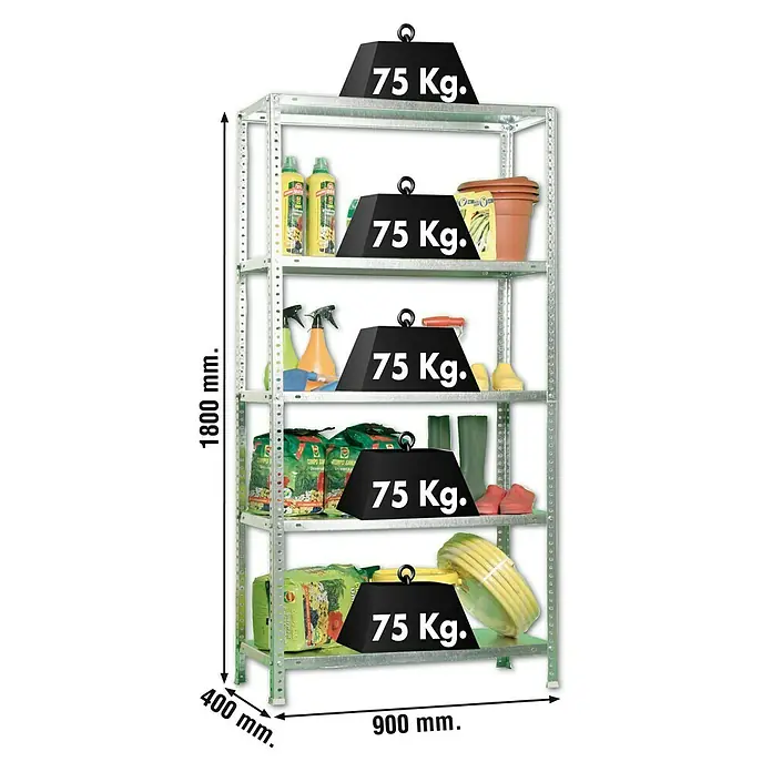 Simonrack Simonclassic Estantería metálica Advantage - Al x An x Pr: 180 x 90 x 40 cm, Capacidad de carga por balda: 75 kg, Número de baldas: 5 ud., Atornillado, Galvanizado - Una estantería plateada de alta resistencia con cinco niveles, cargada con artículos de jardinería y 75 kg de peso en cada uno.