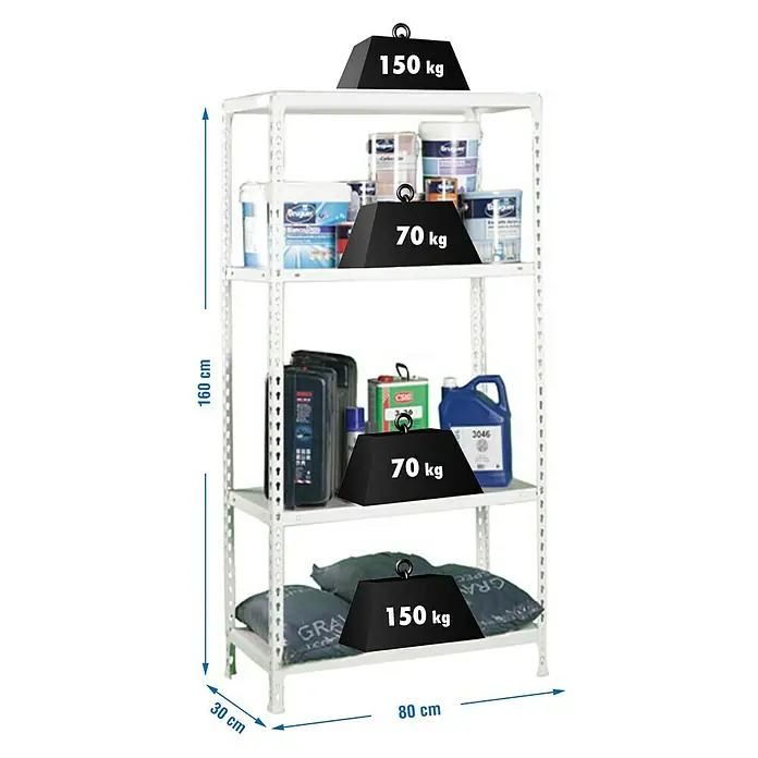 Simonrack Simonclick Metallregal Ecoclick Mini - H x B x T: 160 x 80 x 30 cm, Traglast pro Boden: 70 kg, Anzahl Böden: 4 Stk., Stecken, Weiß - Ein weißes Regal mit vier Ebenen, das mit verschiedenen Artikeln und Gewichtsangaben beladen ist.
