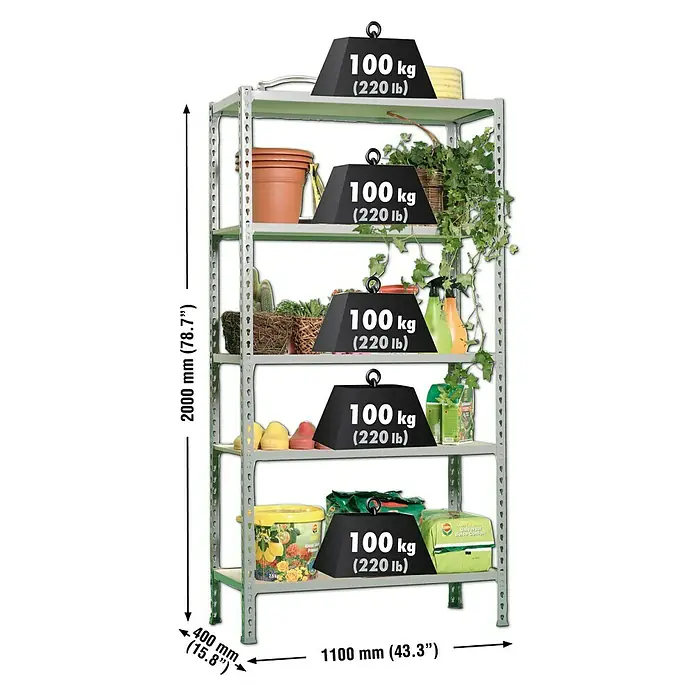 Simonrack Maderclick Metallregal Maderclick SuperPlus - H x B x T: 200 x 110 x 40 cm, Traglast pro Boden: 200 kg, Anzahl Böden: 5 Stk., Stecken, Grau - Ein graues Metallregal mit fünf Ebenen, jede mit einem Gewicht von 100 kg belastbar, ideal für Lagerung und Organisation.