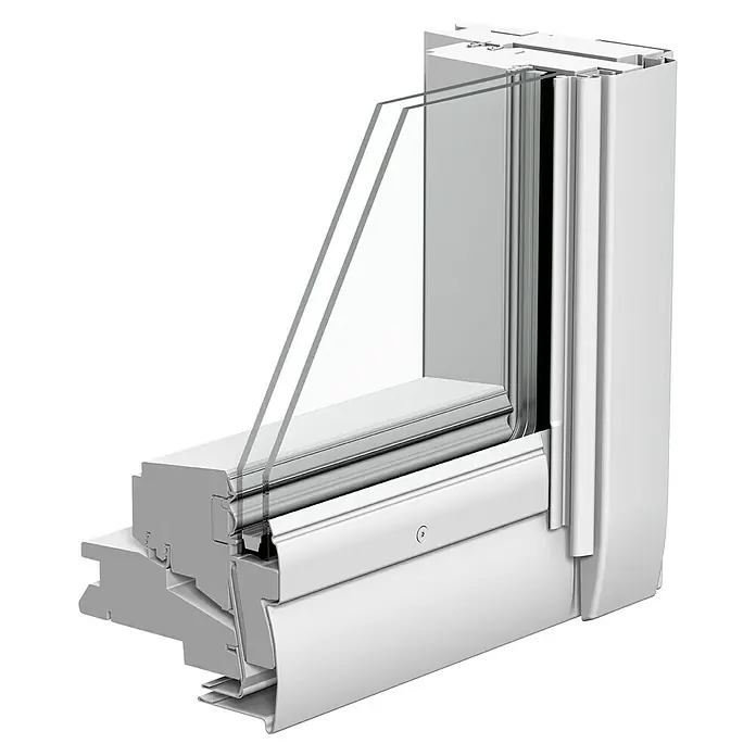 Velux Klapp-Schwingfenster GPU FK08 0070 Thermo - 66 x 140 cm - Detailaufnahme eines weißen Fensterrahmens mit Doppelverglasung, der die hochwertige Konstruktion und Isolierung des Fensters zeigt.