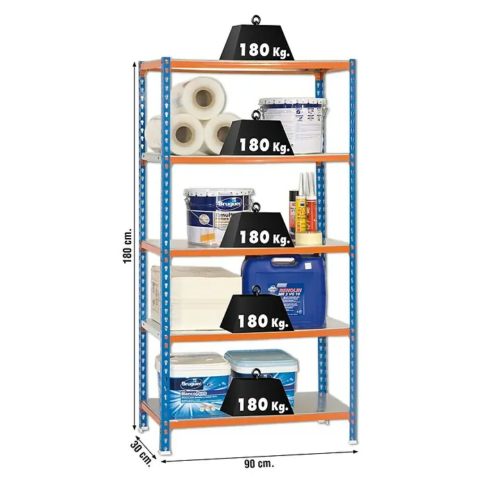 Simonrack Simonclick Estantería metálica Mini - Al x An x Pr: 180 x 80 x 40 cm, Capacidad de carga por balda: 180 kg, Número de baldas: 5 ud., Inserción, Azul/Naranja - Estantería con cinco estantes, cargada con cubos de pintura y otros objetos, cada uno marcado con pesos de 180 kg.