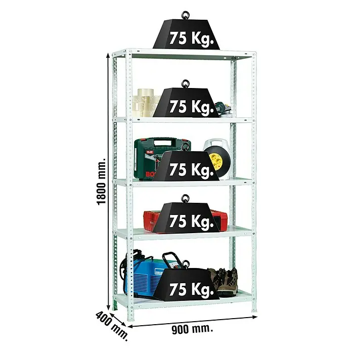 Simonrack Simonclassic Metallregal Advantage - H x B x T: 180 x 90 x 40 cm, Traglast pro Boden: 75 kg, Anzahl Böden: 5 Stk., Schrauben, Weiß - Abbildung eines Schwerlastregals mit fünf Ebenen, die jeweils mit 75 kg belastet sind, mit Maßangaben zur Größe.